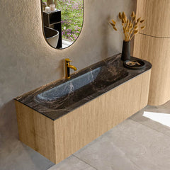 MONDIAZ KURVE-DLUX 135cm badmeubel ronding Rechts kleur Oak met 1 lade en 1 deur. Wastafel BIG MEDIUM Links 1 kraangat Lava.