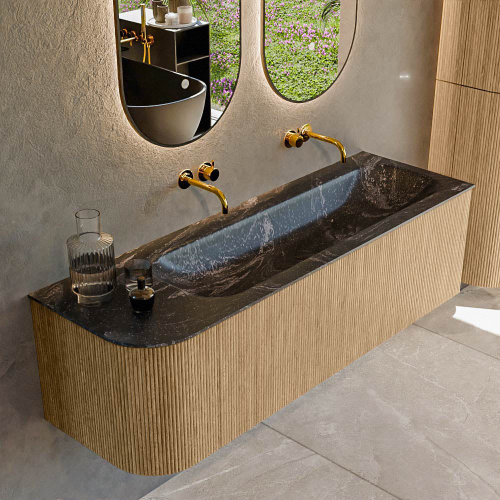 MONDIAZ KURVE-DLUX 145cm badmeubel ronding Links kleur Oak met 1 lade en 1 deur. Wastafel BIG LARGE Rechts zonder kraangat Lava.