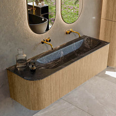 MONDIAZ KURVE-DLUX 145cm badmeubel ronding Links kleur Oak met 1 lade en 1 deur. Wastafel BIG LARGE Rechts zonder kraangat Lava.