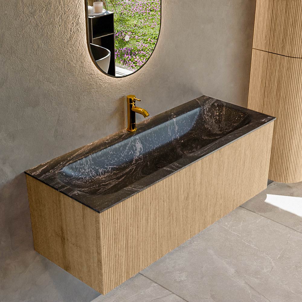 MONDIAZ KURVE-DLUX 120cm badmeubel kleur Oak met 1 lade en 0 deuren. Wastafel BIG LARGE Midden 1 kraangat Lava.