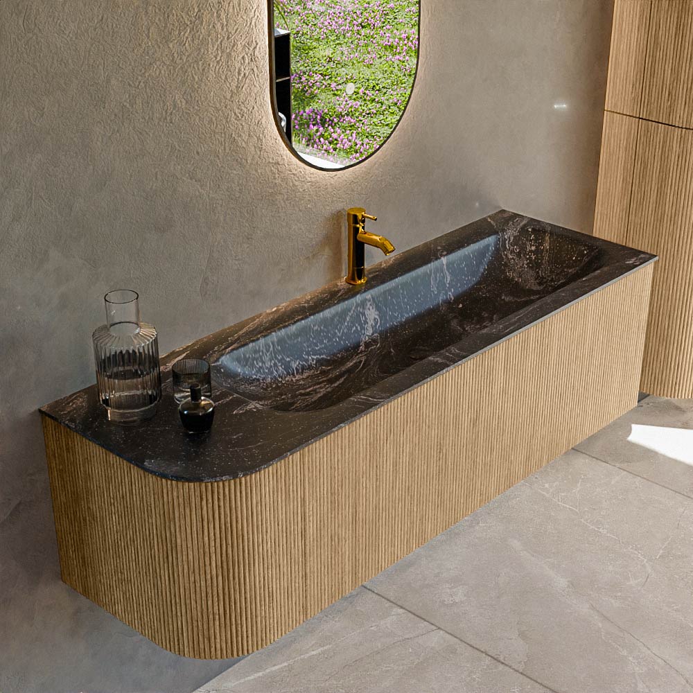 MONDIAZ KURVE-DLUX 145cm badmeubel ronding Links kleur Oak met 1 lade en 1 deur. Wastafel BIG LARGE Rechts 1 kraangat Lava.