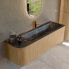 MONDIAZ KURVE-DLUX 145cm badmeubel ronding Links kleur Oak met 1 lade en 1 deur. Wastafel BIG LARGE Rechts 1 kraangat Lava.