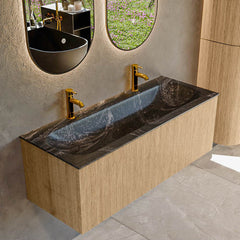 MONDIAZ KURVE-DLUX 120cm badmeubel kleur Oak met 1 lade en 0 deuren. Wastafel BIG LARGE Midden 2 kraangaten Lava.