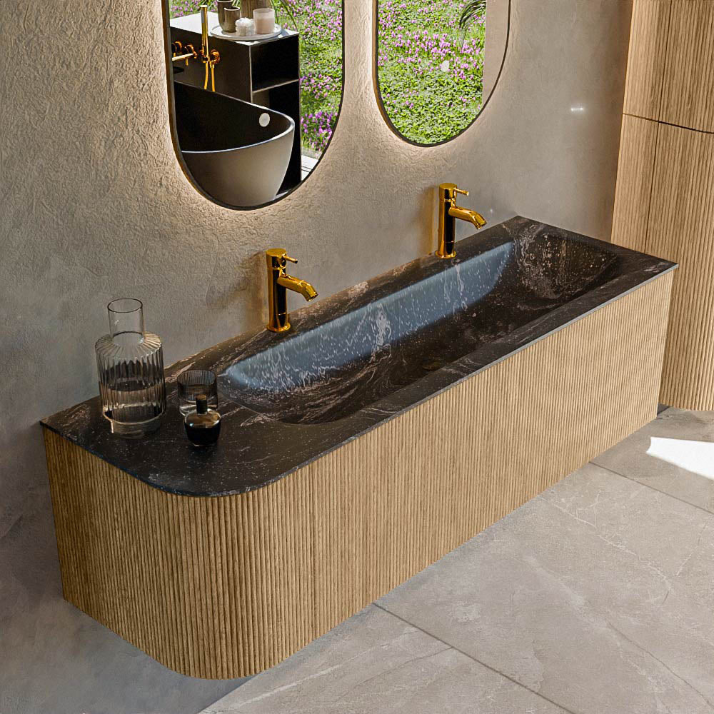 MONDIAZ KURVE-DLUX 145cm badmeubel ronding Links kleur Oak met 1 lade en 1 deur. Wastafel BIG LARGE Rechts 2 kraangaten Lava.