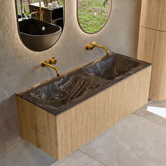 MONDIAZ KURVE-DLUX 120cm badmeubel kleur Oak met 1 lade en 0 deuren. Wastafel LEAF Dubbel zonder kraangat Lava.