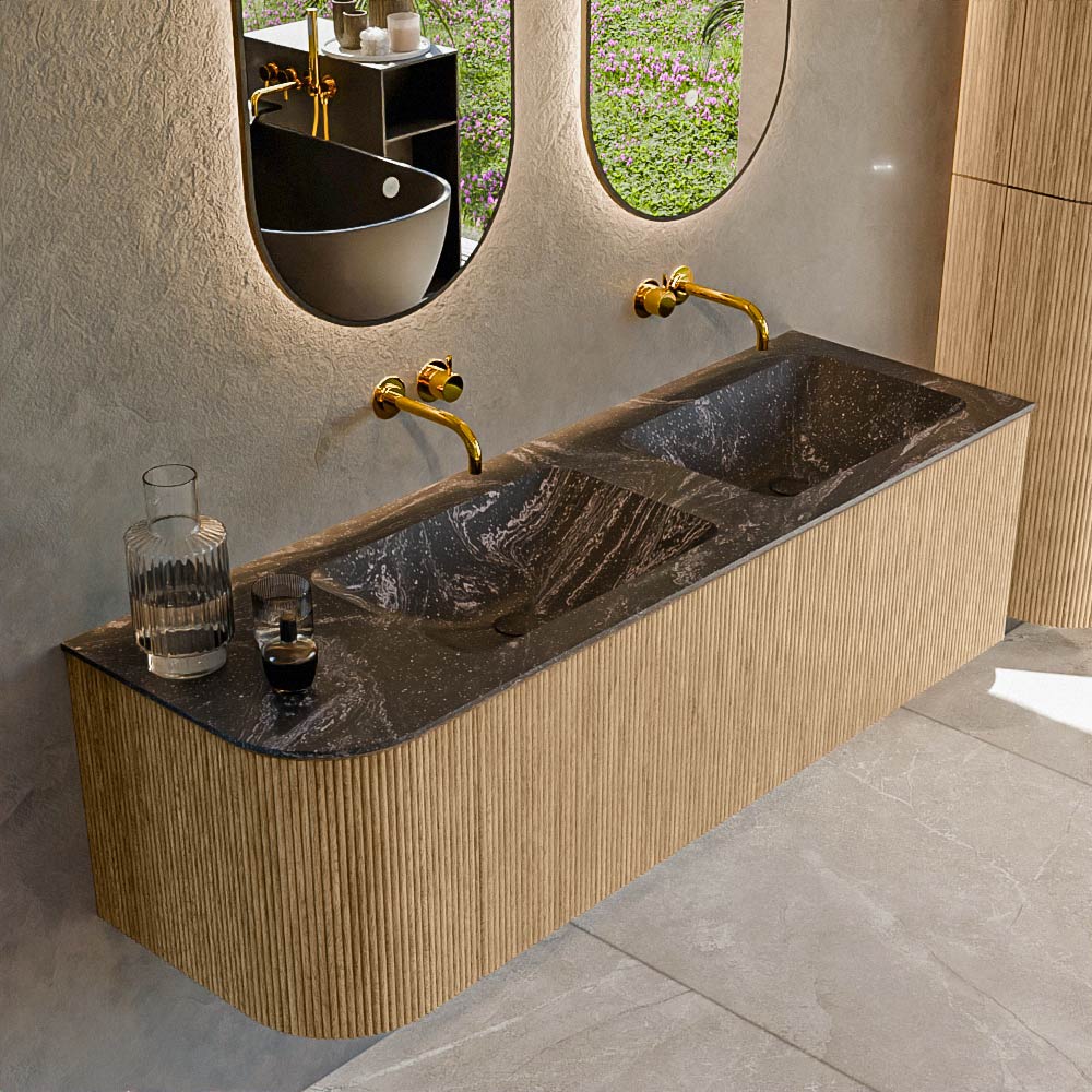MONDIAZ KURVE-DLUX 145cm badmeubel ronding Links kleur Oak met 1 lade en 1 deur. Wastafel LEAF Dubbel / Rechts zonder kraangat Lava.