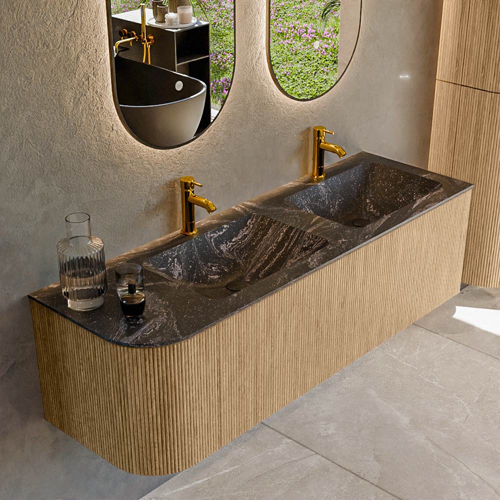 MONDIAZ KURVE-DLUX 145cm badmeubel ronding Links kleur Oak met 1 lade en 1 deur. Wastafel LEAF Dubbel / Rechts 2 kraangaten Lava.