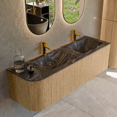 MONDIAZ KURVE-DLUX 145cm badmeubel ronding Links kleur Oak met 1 lade en 1 deur. Wastafel LEAF Dubbel / Rechts 2 kraangaten Lava.