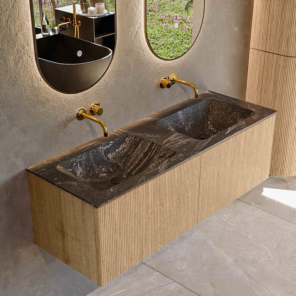 MONDIAZ KURVE-DLUX 130cm badmeubel kleur Oak met 2 lades en 0 deuren. Wastafel LEAF Dubbel zonder kraangat Lava.