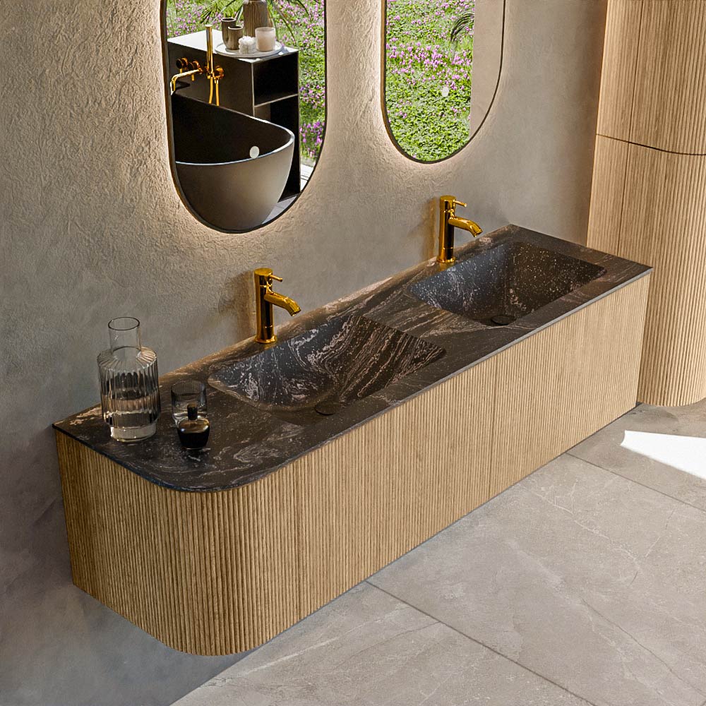 MONDIAZ KURVE-DLUX 155cm badmeubel ronding Links kleur Oak met 2 lades en 1 deur. Wastafel LEAF Dubbel / Rechts 2 kraangaten Lava.
