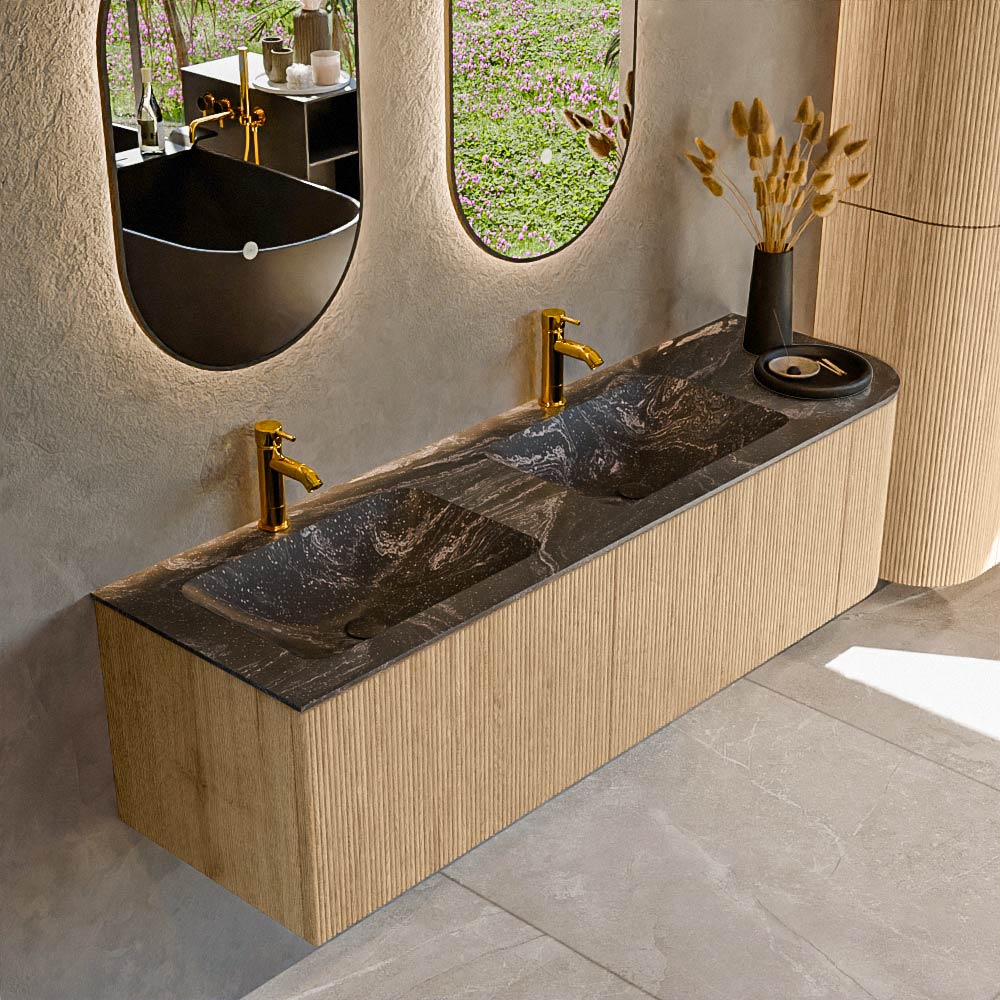 MONDIAZ KURVE-DLUX 155cm badmeubel ronding Rechts kleur Oak met 2 lades en 1 deur. Wastafel LEAF Dubbel / Links 2 kraangaten Lava.