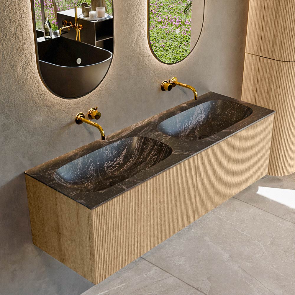 MONDIAZ KURVE-DLUX 140cm badmeubel kleur Oak met 2 lades en 0 deuren. Wastafel STOR SMALL Dubbel zonder kraangat Lava.