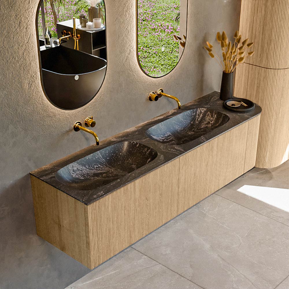 MONDIAZ KURVE-DLUX 165cm badmeubel ronding Rechts kleur Oak met 2 lades en 1 deur. Wastafel STOR SMALL Dubbel / Links zonder kraangat Lava.