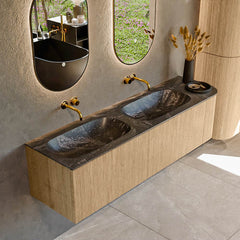 MONDIAZ KURVE-DLUX 165cm badmeubel ronding Rechts kleur Oak met 2 lades en 1 deur. Wastafel STOR SMALL Dubbel / Links zonder kraangat Lava.