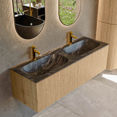 MONDIAZ KURVE-DLUX 140cm badmeubel kleur Oak met 2 lades en 0 deuren. Wastafel STOR SMALL Dubbel 2 kraangaten Lava.