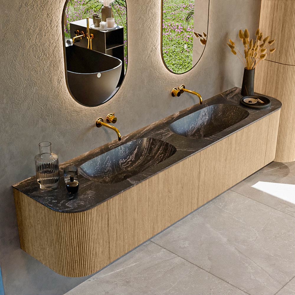 MONDIAZ KURVE-DLUX 200cm badmeubel ronding Links + Rechts kleur Oak met 2 lades en 2 deuren. Wastafel STOR SMALL Dubbel zonder kraangat Lava.