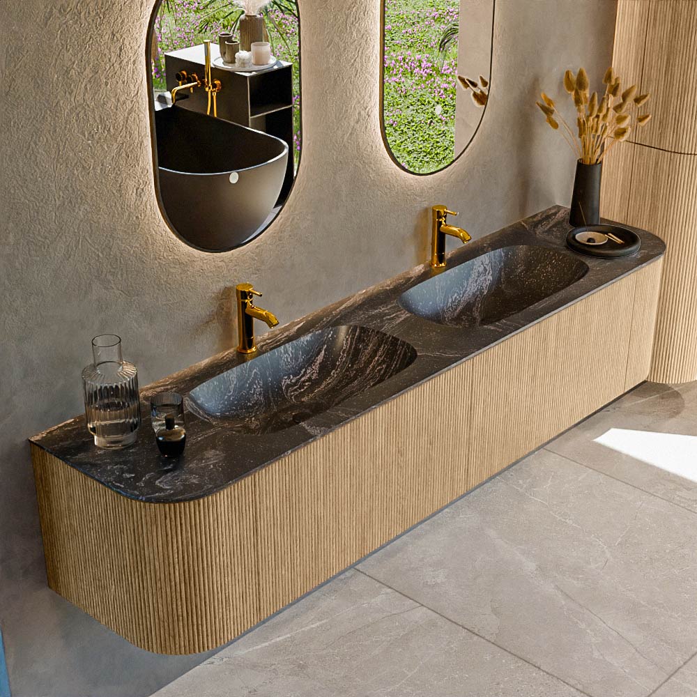 MONDIAZ KURVE-DLUX 200cm badmeubel ronding Links + Rechts kleur Oak met 2 lades en 2 deuren. Wastafel STOR SMALL Dubbel 2 kraangaten Lava.