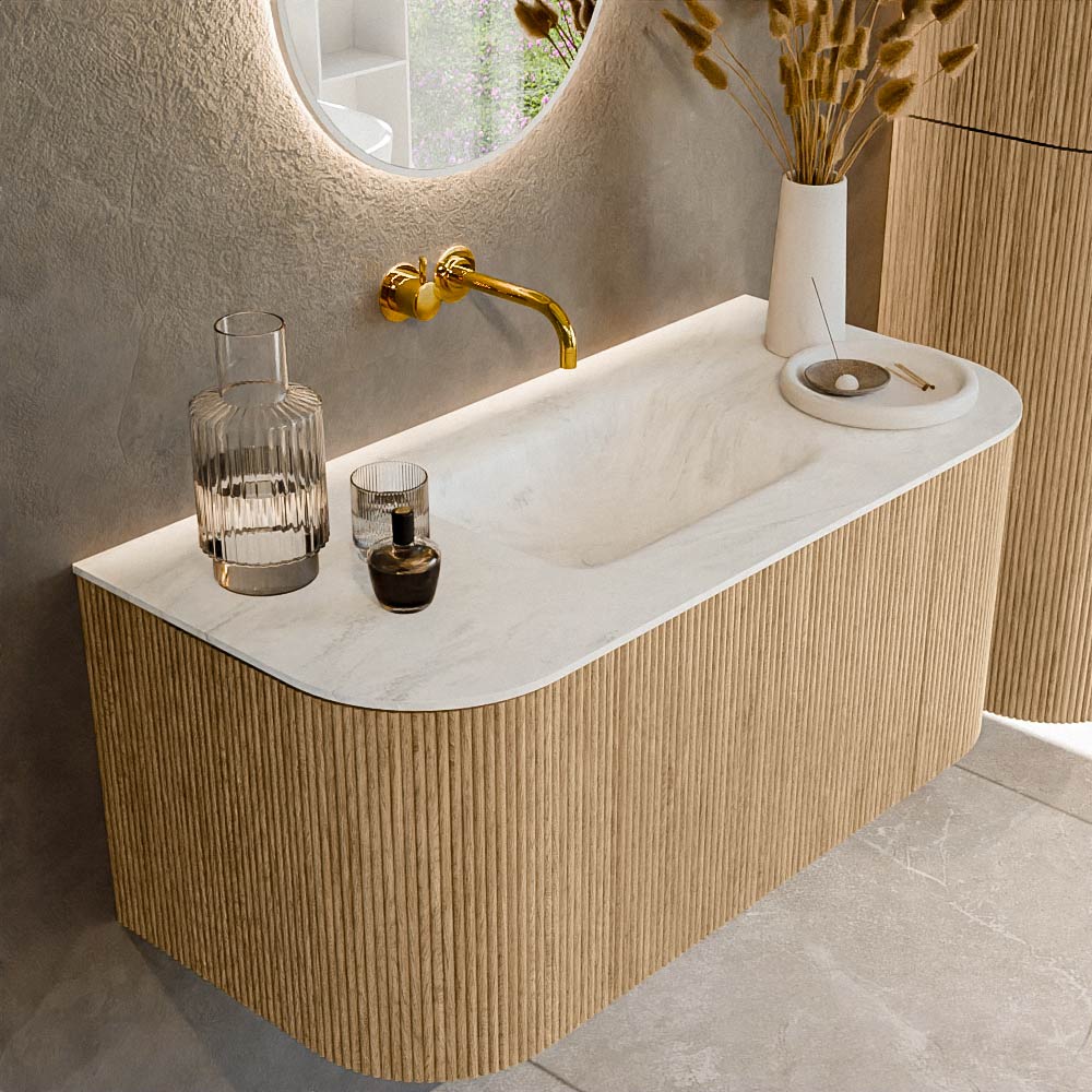 MONDIAZ KURVE-DLUX 100cm badmeubel ronding Links + Rechts kleur Oak met 1 lade en 2 deuren. Wastafel GRUNNE Midden zonder kraangat Opalo.