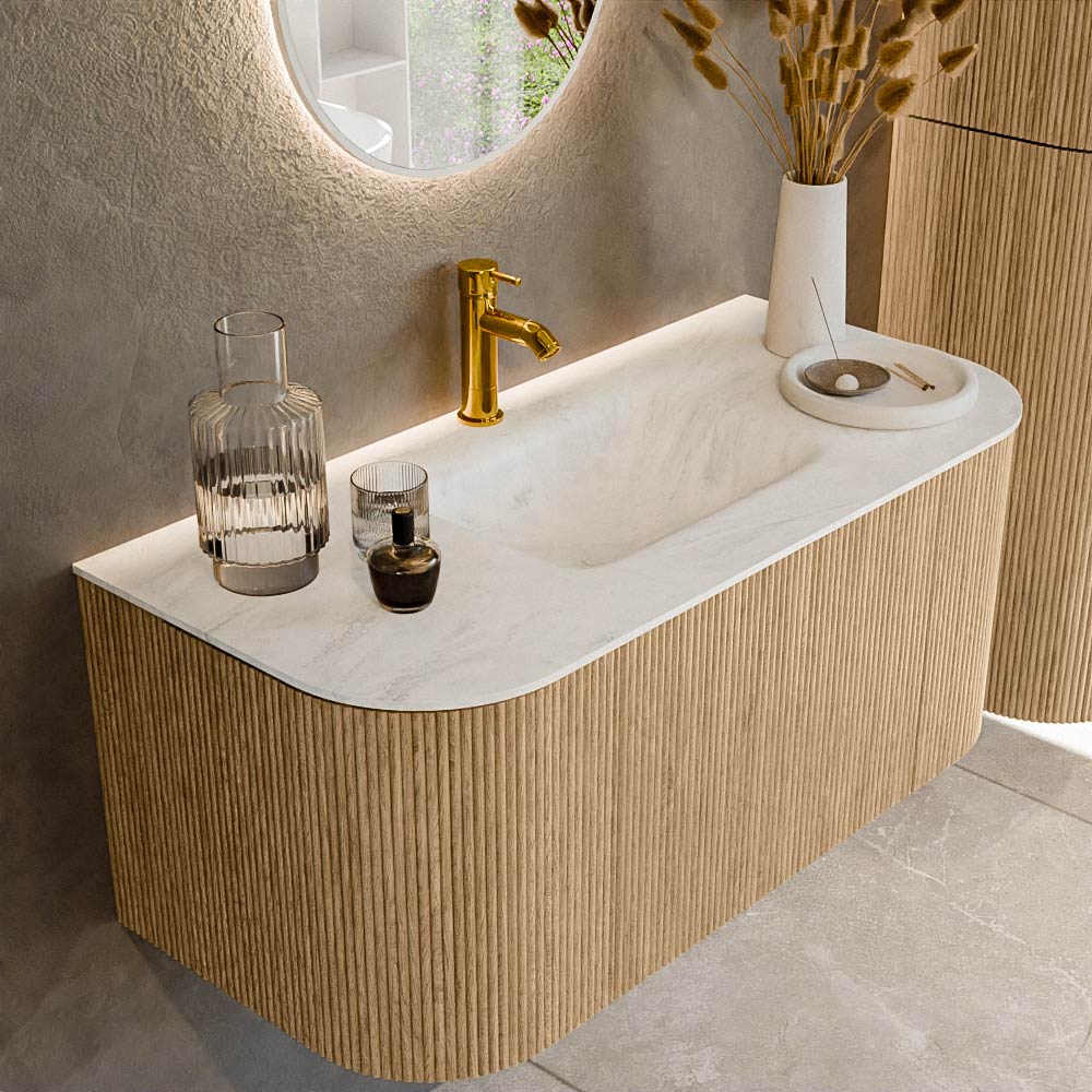 MONDIAZ KURVE-DLUX 100cm badmeubel ronding Links + Rechts kleur Oak met 1 lade en 2 deuren. Wastafel GRUNNE Midden 1 kraangat Opalo.