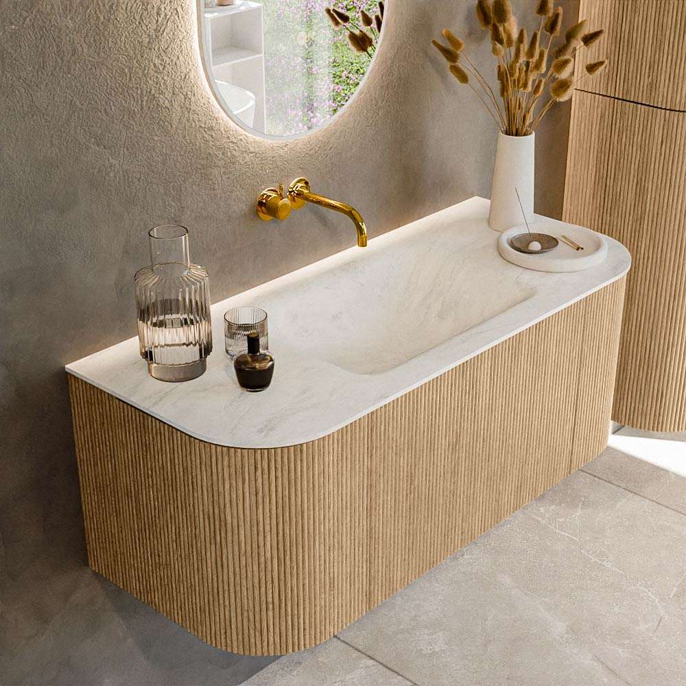 MONDIAZ KURVE-DLUX 110cm badmeubel ronding Links + Rechts kleur Oak met 1 lade en 2 deuren. Wastafel CLOUD Midden zonder kraangat Opalo.