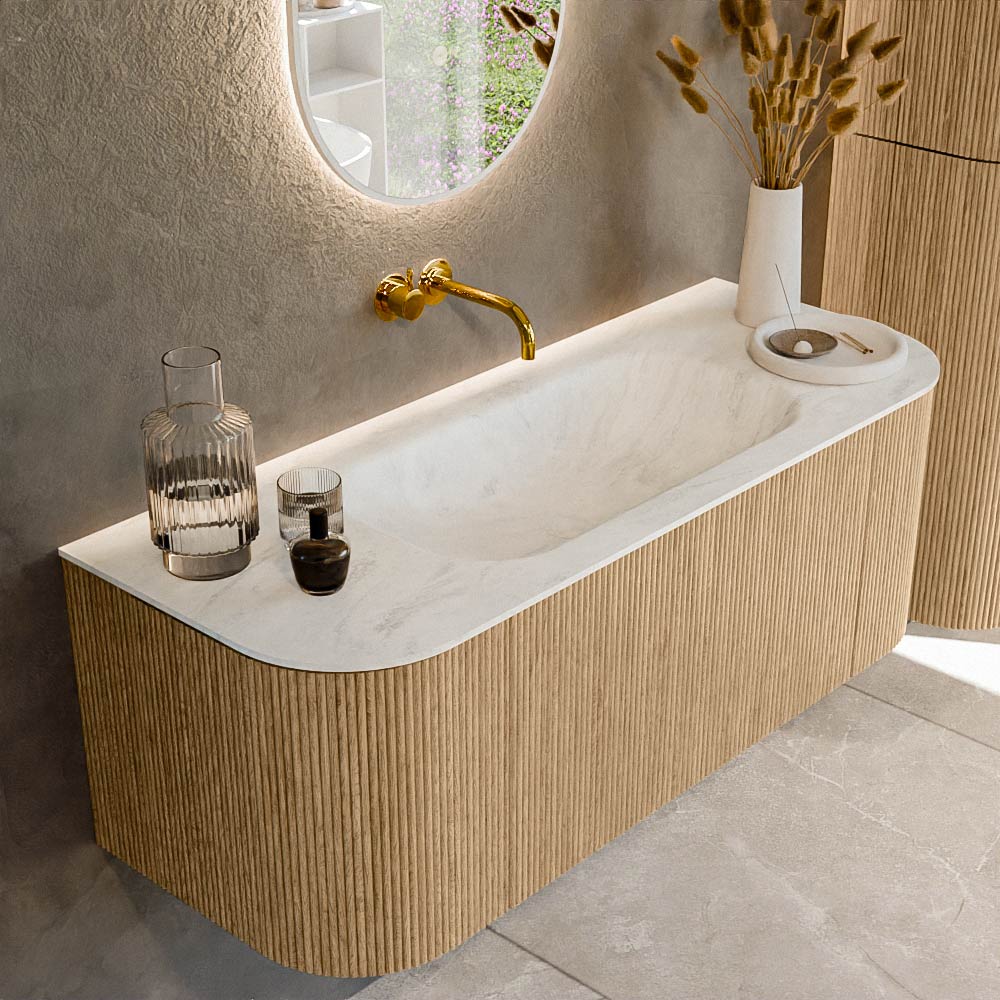 MONDIAZ KURVE-DLUX 120cm badmeubel ronding Links + Rechts kleur Oak met 1 lade en 2 deuren. Wastafel BIG SMALL Midden zonder kraangat Opalo.