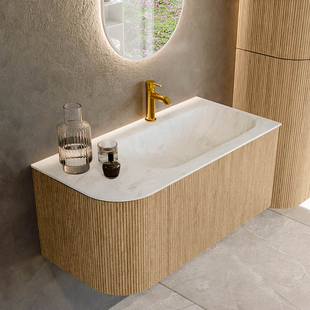 MONDIAZ KURVE-DLUX 95cm badmeubel ronding Links kleur Oak met 1 lade en 1 deur. Wastafel BIG SMALL Rechts 1 kraangat Opalo.