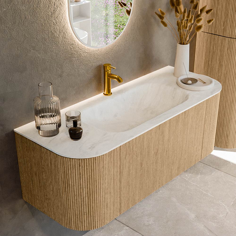 MONDIAZ KURVE-DLUX 120cm badmeubel ronding Links + Rechts kleur Oak met 1 lade en 2 deuren. Wastafel BIG SMALL Midden 1 kraangat Opalo.