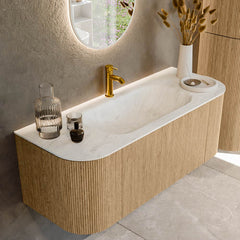 MONDIAZ KURVE-DLUX 120cm badmeubel ronding Links + Rechts kleur Oak met 1 lade en 2 deuren. Wastafel BIG SMALL Midden 1 kraangat Opalo.