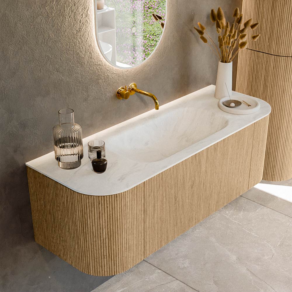 MONDIAZ KURVE-DLUX 130cm badmeubel ronding Links + Rechts kleur Oak met 1 lade en 2 deuren. Wastafel BIG SMALL Midden zonder kraangat Opalo.
