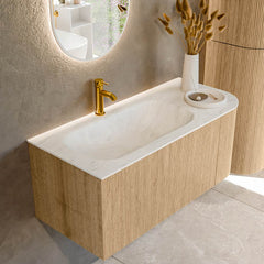 MONDIAZ KURVE-DLUX 105cm badmeubel ronding Rechts kleur Oak met 1 lade en 1 deur. Wastafel BIG SMALL Links 1 kraangat Opalo.