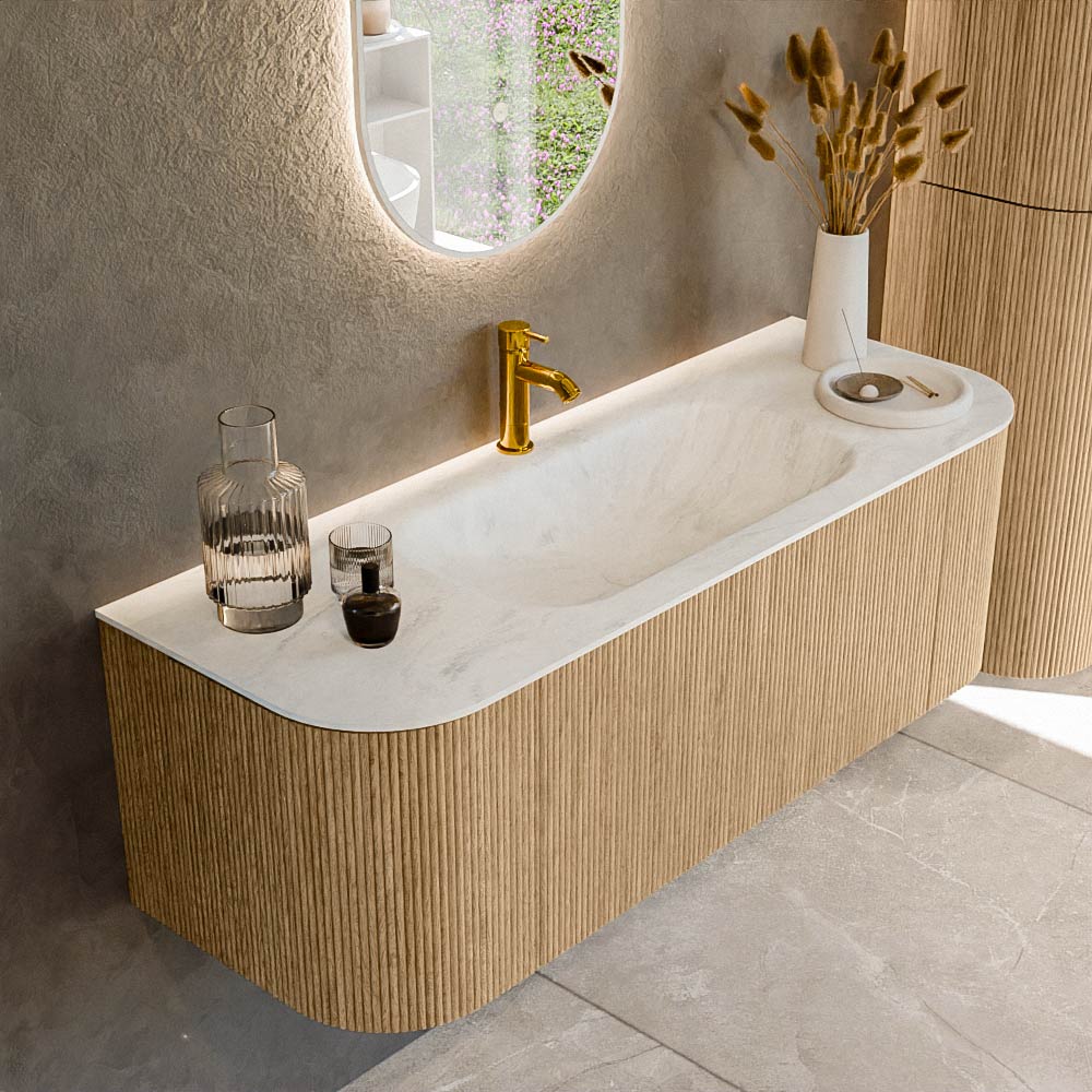 MONDIAZ KURVE-DLUX 130cm badmeubel ronding Links + Rechts kleur Oak met 1 lade en 2 deuren. Wastafel BIG SMALL Midden 1 kraangat Opalo.