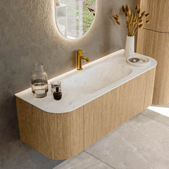 MONDIAZ KURVE-DLUX 130cm badmeubel ronding Links + Rechts kleur Oak met 1 lade en 2 deuren. Wastafel BIG SMALL Midden 1 kraangat Opalo.
