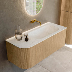 MONDIAZ KURVE-DLUX 115cm badmeubel ronding Links kleur Oak met 1 lade en 1 deur. Wastafel BIG SMALL Rechts zonder kraangat Opalo.