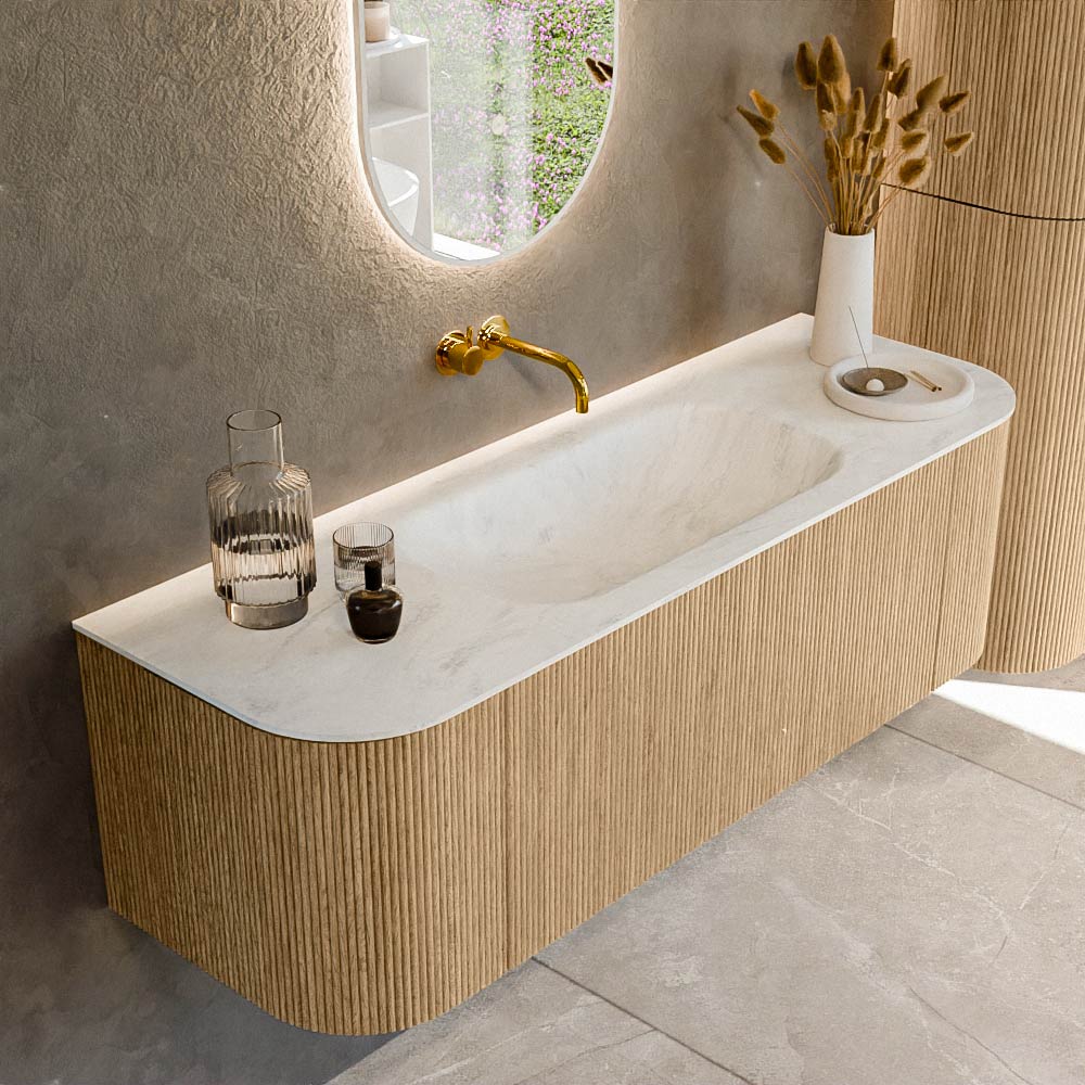 MONDIAZ KURVE-DLUX 140cm badmeubel ronding Links + Rechts kleur Oak met 1 lade en 2 deuren. Wastafel BIG SMALL Midden zonder kraangat Opalo.