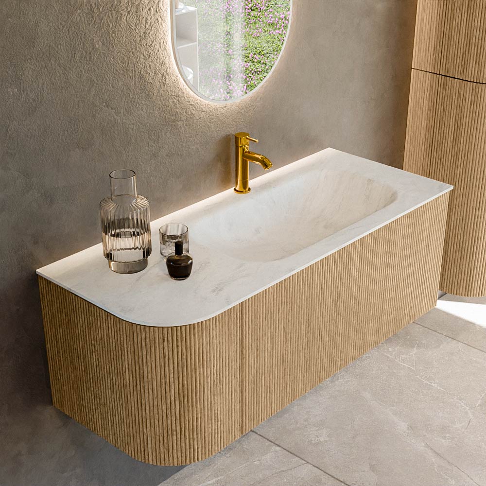 MONDIAZ KURVE-DLUX 115cm badmeubel ronding Links kleur Oak met 1 lade en 1 deur. Wastafel BIG SMALL Rechts 1 kraangat Opalo.