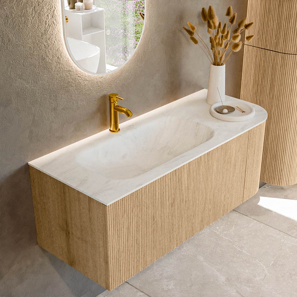 MONDIAZ KURVE-DLUX 115cm badmeubel ronding Rechts kleur Oak met 1 lade en 1 deur. Wastafel BIG SMALL Links 1 kraangat Opalo.