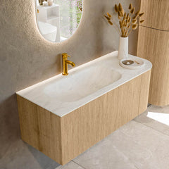 MONDIAZ KURVE-DLUX 115cm badmeubel ronding Rechts kleur Oak met 1 lade en 1 deur. Wastafel BIG SMALL Links 1 kraangat Opalo.