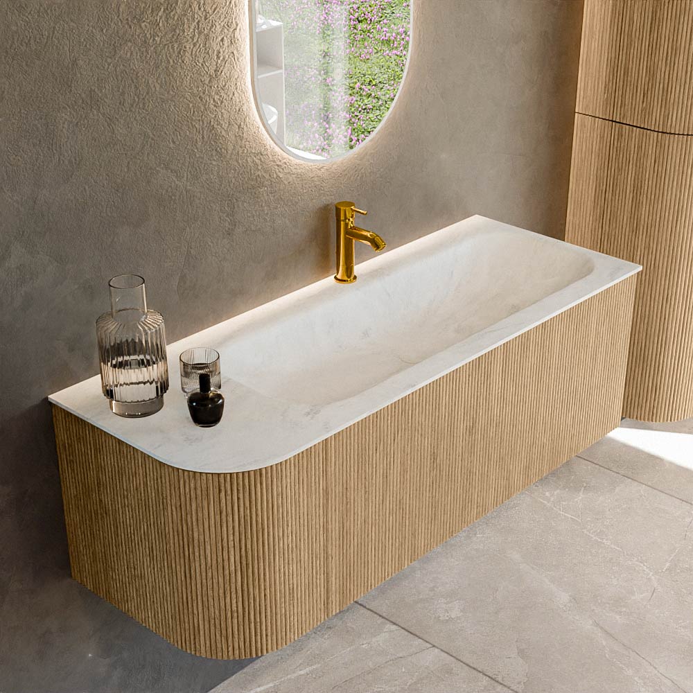 MONDIAZ KURVE-DLUX 125cm badmeubel ronding Links kleur Oak met 1 lade en 1 deur. Wastafel BIG MEDIUM Rechts 1 kraangat Opalo.