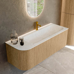 MONDIAZ KURVE-DLUX 125cm badmeubel ronding Links kleur Oak met 1 lade en 1 deur. Wastafel BIG MEDIUM Rechts 1 kraangat Opalo.