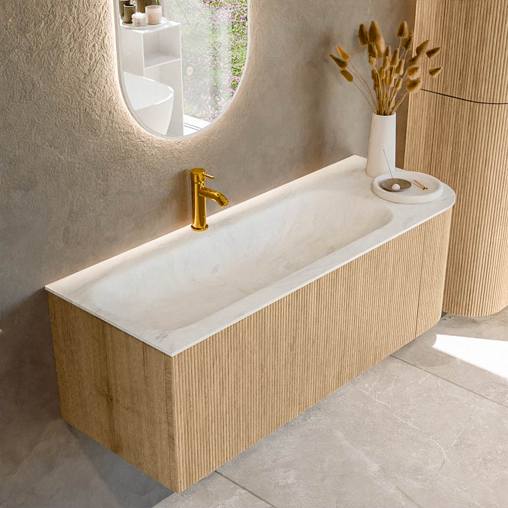 MONDIAZ KURVE-DLUX 125cm badmeubel ronding Rechts kleur Oak met 1 lade en 1 deur. Wastafel BIG MEDIUM Links 1 kraangat Opalo.