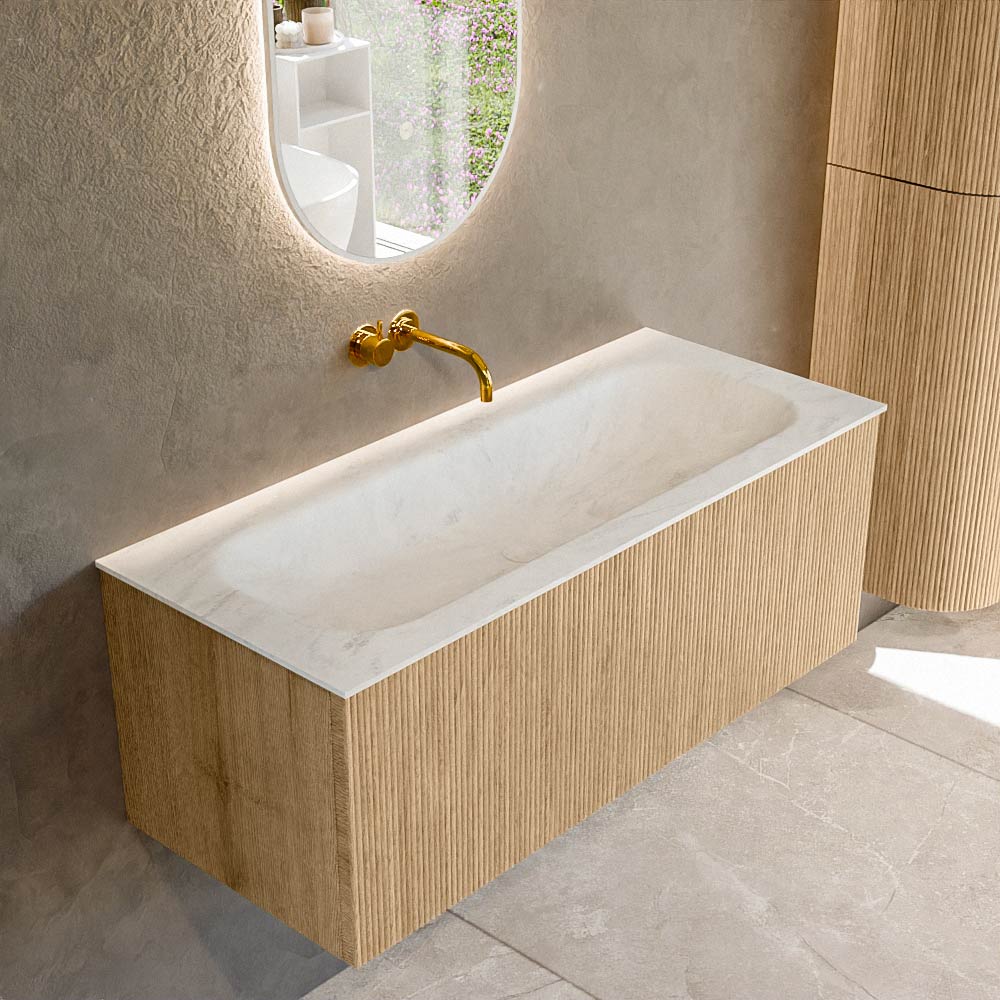 MONDIAZ KURVE-DLUX 110cm badmeubel kleur Oak met 1 lade en 0 deuren. Wastafel BIG MEDIUM Midden zonder kraangat Opalo.