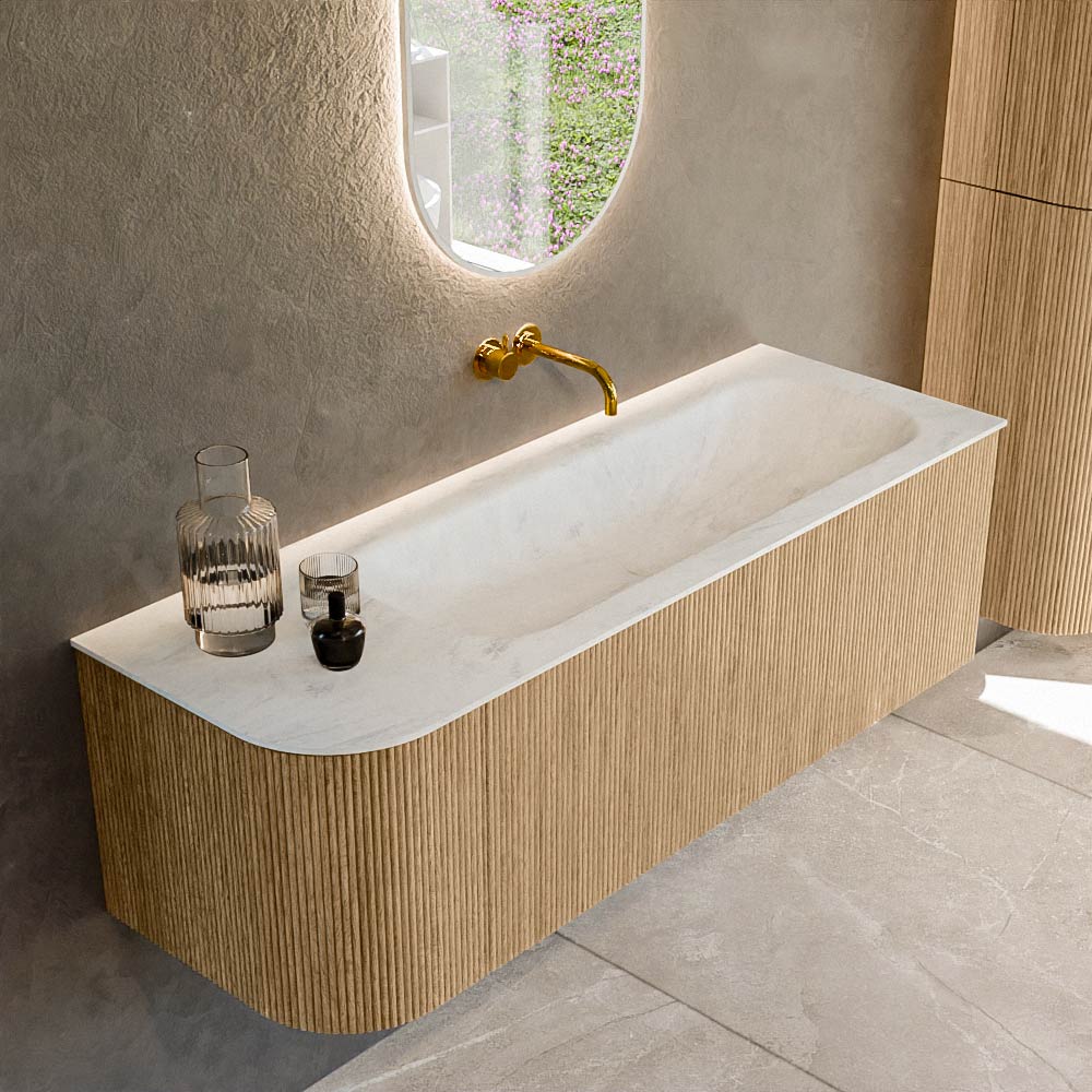 MONDIAZ KURVE-DLUX 135cm badmeubel ronding Links kleur Oak met 1 lade en 1 deur. Wastafel BIG MEDIUM Rechts zonder kraangat Opalo.