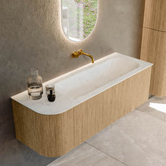 MONDIAZ KURVE-DLUX 135cm badmeubel ronding Links kleur Oak met 1 lade en 1 deur. Wastafel BIG MEDIUM Rechts zonder kraangat Opalo.