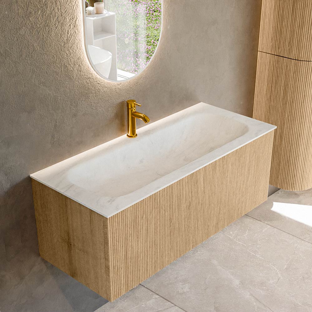 MONDIAZ KURVE-DLUX 110cm badmeubel kleur Oak met 1 lade en 0 deuren. Wastafel BIG MEDIUM Midden 1 kraangat Opalo.