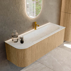 MONDIAZ KURVE-DLUX 135cm badmeubel ronding Links kleur Oak met 1 lade en 1 deur. Wastafel BIG MEDIUM Rechts 1 kraangat Opalo.