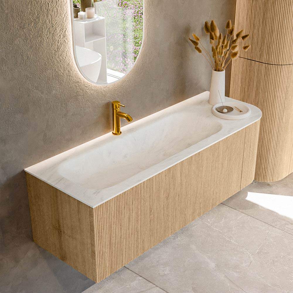 MONDIAZ KURVE-DLUX 135cm badmeubel ronding Rechts kleur Oak met 1 lade en 1 deur. Wastafel BIG MEDIUM Links 1 kraangat Opalo.