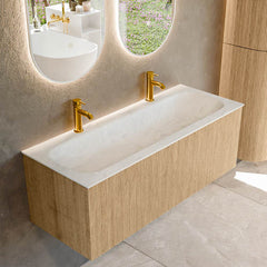 MONDIAZ KURVE-DLUX 120cm badmeubel kleur Oak met 1 lade en 0 deuren. Wastafel BIG LARGE Midden 2 kraangaten Opalo.