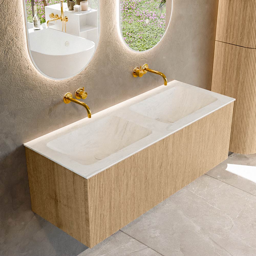 MONDIAZ KURVE-DLUX 120cm badmeubel kleur Oak met 1 lade en 0 deuren. Wastafel LEAF Dubbel zonder kraangat Opalo.