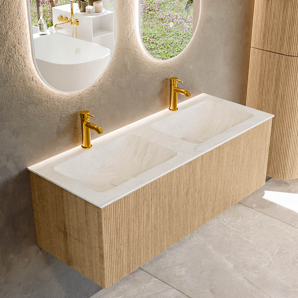 MONDIAZ KURVE-DLUX 120cm badmeubel kleur Oak met 1 lade en 0 deuren. Wastafel LEAF Dubbel 2 kraangaten Opalo.