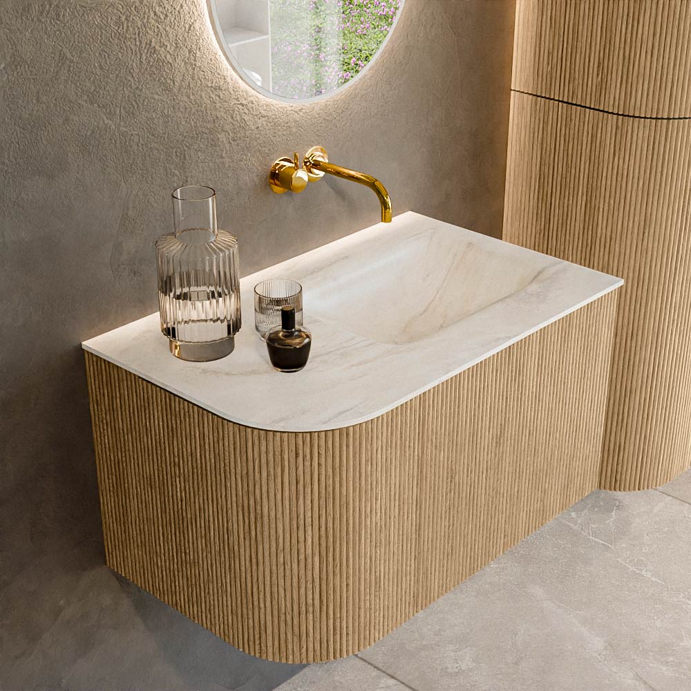 MONDIAZ KURVE-DLUX 75cm badmeubel ronding Links kleur Oak met 1 lade en 1 deur. Wastafel GRUNNE Rechts zonder kraangat Ostra.